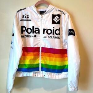 VINTAGE Polaroid White Bomber Jacket with Rainbow Stripes
